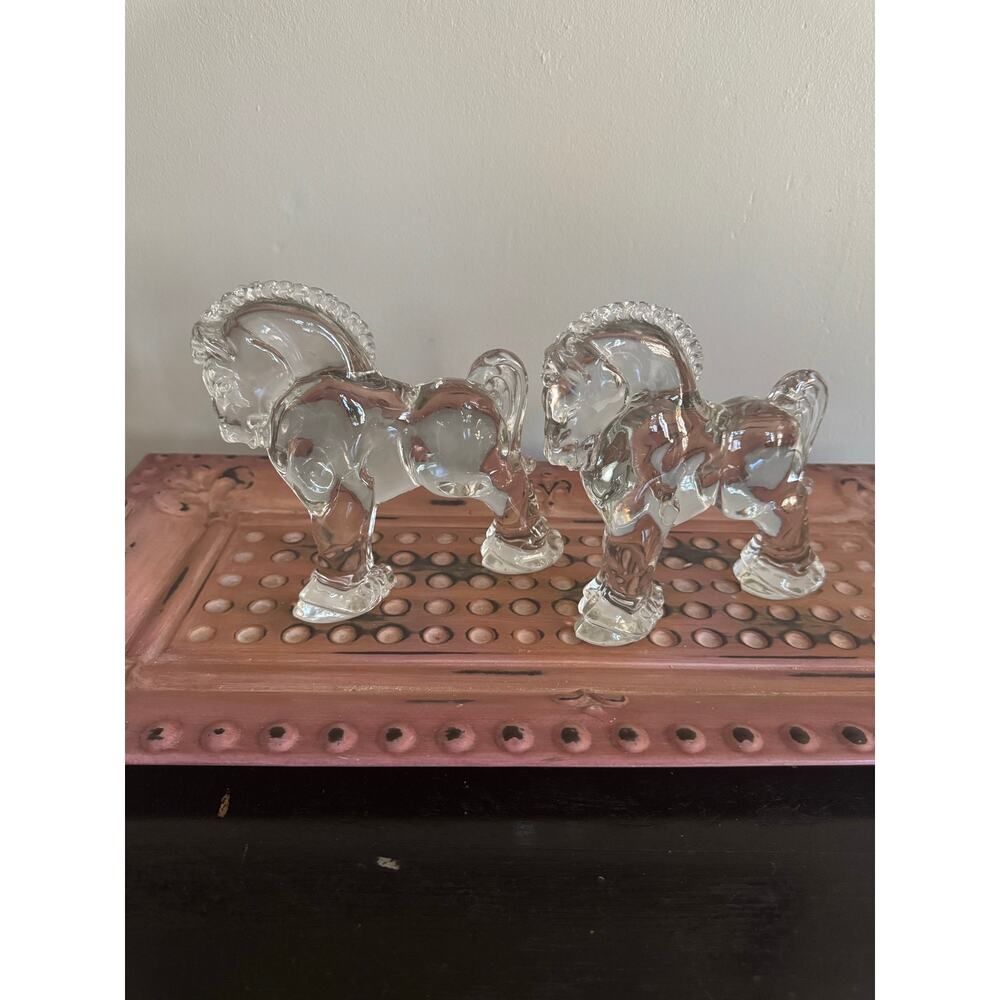 Vintage Heisey Glass Clydesdale Horses Pair Clear Glass Horse Figurines Decor